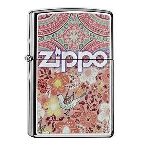 28851 Zippo Boho 4 Flowers Patterns and Bird on High Polish Chrome