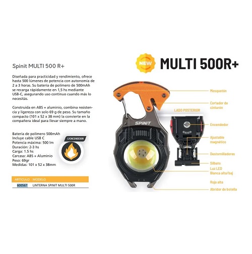 Linterna llavero SPINIT MULTI 500 Recargable con encendedor - Imagen 3